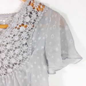 Grey blouse semi sheer crochet top L